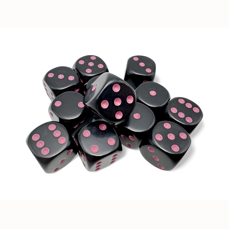 Chessex: 16MM 12CT D6 BLOCK: OPAQUE BLACK WITH PINK