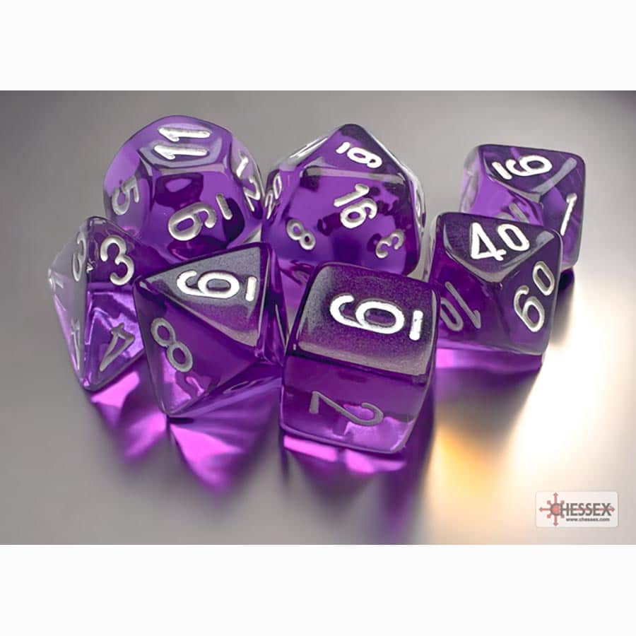 Chessex: 7CT MINI-POLYHEDRAL DICE SET: TRANSLUCENT PURPLE WITH WHITE