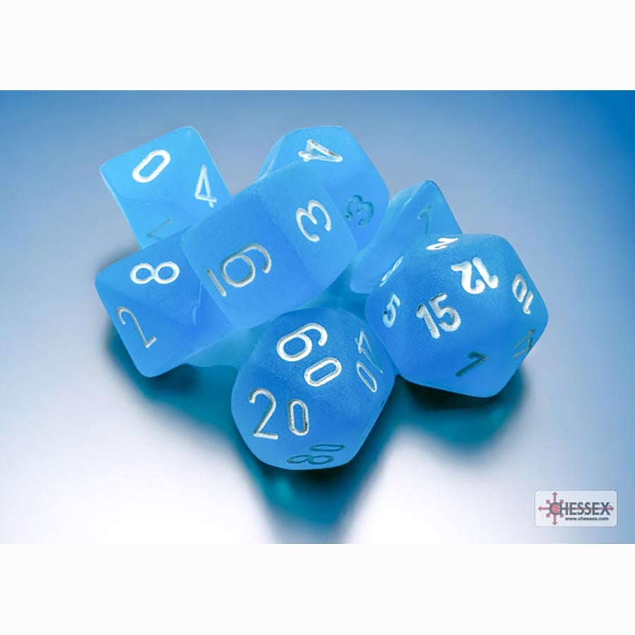 Chessex: 7CT MINI-POLYHEDRAL DICE SET: FROSTED CARIBBEAN BLUE WITH WHITE